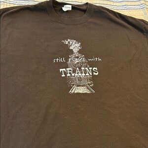 Gildan Brown Short-Sleeve Tee with 'Still Plays With Trains' Graphic, XXL, EUC